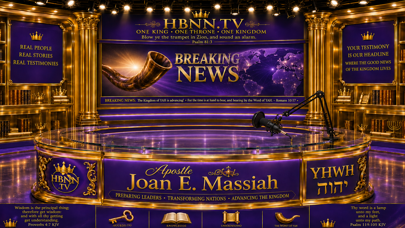 HBNN.TV royal purple and gold television studio with overhead broadcast lights, gold columns, YHWH and Hebrew lettering, anchor desk, and broadcast screens